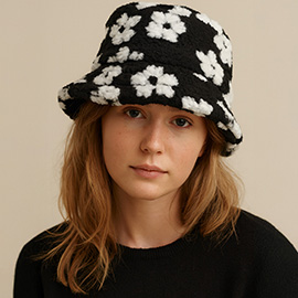 Faux Fur Plush Floral Pattern Winter Bucket Hat