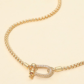 Stone Paved Carabiner Pendant Link Box Chain Necklace