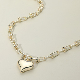 14K Gold Plated Puffy Heart Pendant Industrial Link Chain Necklace