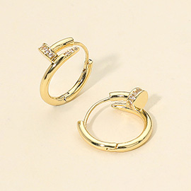 14K Gold Dipped CZ Stone Paved Nail Huggie Hoop Earrings