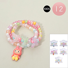 12 SET OF 3 - Kids Monster Bunny Charm Pearl Butterfly Beaded Stretch Multi Layered Bracelets