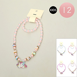 12 SET OF 2 - Kids Unicorn Pendant Beaded Jewelry Set