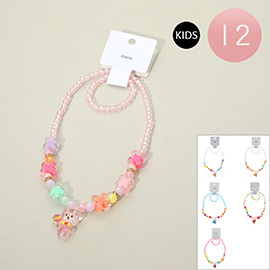 12 SET OF 2 - Kids Teddy Bear Pendant Flower Beaded Jewelry Set