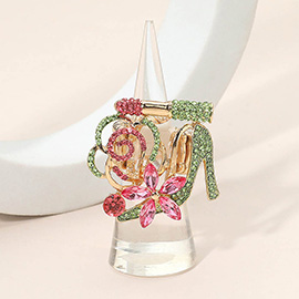 Rhinestone Pave High Heel Flower Lipstick Stretch Ring