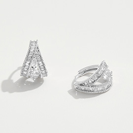 14K Gold Dipped CZ Baguette Stone Double Row Huggie Hoop Earrings