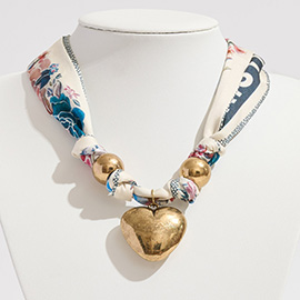 Gold Dipped Puffy Heart Charm Fabric Scarf Necklace Adjustable Bracelet Bag Charm