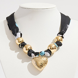 Gold Dipped Puffy Textured Heart Charm Accent Fabric Scarf Necklace Adjustable Bracelet Bag Charm