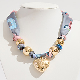 Gold Dipped Puffy Textured Heart Charm Accent Fabric Scarf Necklace Adjustable Bracelet Bag Charm