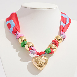 Gold Dipped Puffy Textured Heart Charm Accent Fabric Scarf Necklace Adjustable Bracelet Bag Charm