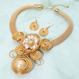 Flower Accent Bold Metal Coil Wrapped Statement Necklace