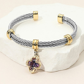 CZ Stone Quatrefoil Charm Dangle Cuff Bracelet