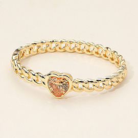 Heart CZ Stone Accent Hinged Chain-Link Bangle Bracelet