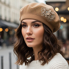 Floral Applique Accent Winter Beret Hat