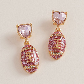 Heart Stone Accent Glitter Football Dangle Earrings