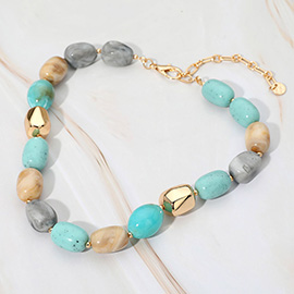 Chunky Marbled Resin Metal Pebble Beaded Necklace