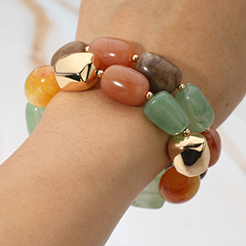 2PCS - Chunky Marbled Resin Metal Pebble Beaded Stretch Multi Layered Bracelets