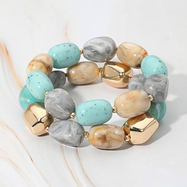 2PCS - Chunky Marbled Resin Metal Pebble Beaded Stretch Multi Layered Bracelets