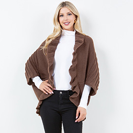 Open Front Ruffled Knit Shawl Wrap Poncho