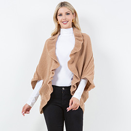 Open Front Ruffled Knit Shawl Wrap Poncho