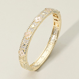 Mother of Pearl Quatrefoil Accent CZ Stone Paved Hinged Bangle Bracelet