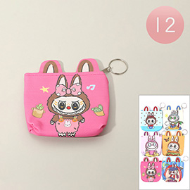 12PCS - Monster Bunny Character Printed Mini Keychain Coin Purse Bags