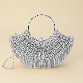 Crystal Rhinestone Fringe Embellished Round Handle Crossbody Evening Bag