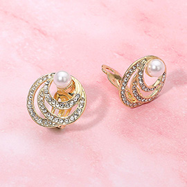 Elegant Pearl Accent Rhinestone Paved Swirl Evening Clip On Earrings