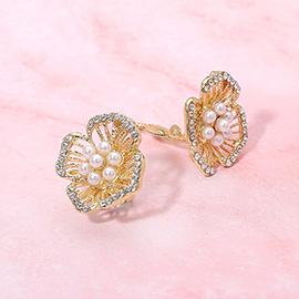 Rhinestone PAved Rim Open Petal Pearl Cluster Evening Clip On Earrings