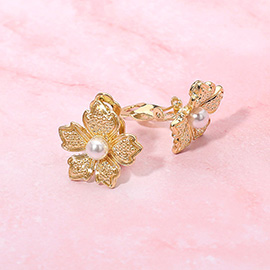 Pearl Accent Textured Metal Petal Floral Clip On Earrings