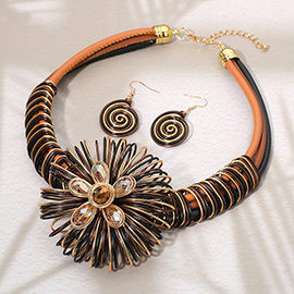 Bold Floral Stone Cluster Accent Metal Spiral Wired Statement Necklace