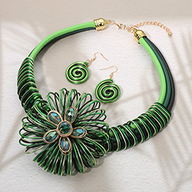 Bold Floral Stone Cluster Accent Metal Spiral Wired Statement Necklace