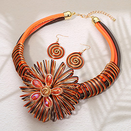Bold Floral Stone Cluster Accent Metal Spiral Wired Statement Necklace