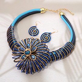 Bold Floral Stone Cluster Accent Metal Spiral Wired Statement Necklace