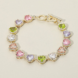 14K Gold Plated Multicolor Heart CZ Stone Cluster Link Toggle Bracelet
