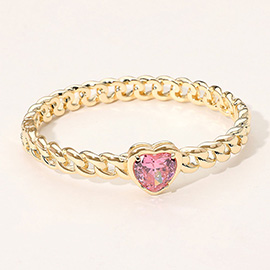 Heart CZ Stone Accent Hinged Chain-Link Bangle Bracelet