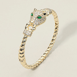 CZ Stone Paved Leopard Panther Head Accent Hinged Bangle Bracelet