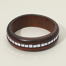 Square Metal Stud Line Center Wooden Bangle Bracelet