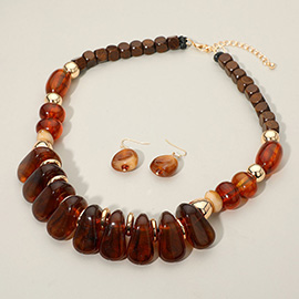 Chunky Marbled Resin Pebble Wooden Beaded Statement Necklace