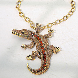 Bold Bling Studded Alligator Pendant Chunky Chain Statement Necklace