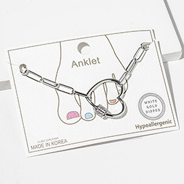 White Gold Dipped Cz Stone Paved Open Heart Carabiner Paperclip Chain Link Anklet