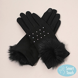 Faux Fur Cuff Pom Rhinestone Embellished Smart Touch Winter Gloves