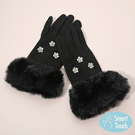 Rhinestone Flower Embellished Faux Fur Cuff Smart Touch Winter Gloves