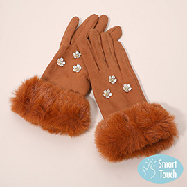 Rhinestone Flower Embellished Faux Fur Cuff Smart Touch Winter Gloves