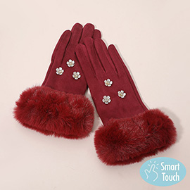 Rhinestone Flower Embellished Faux Fur Cuff Smart Touch Winter Gloves