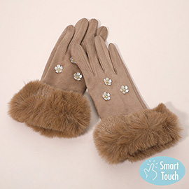 Rhinestone Flower Embellished Faux Fur Cuff Smart Touch Winter Gloves