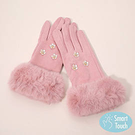 Rhinestone Flower Embellished Faux Fur Cuff Smart Touch Winter Gloves