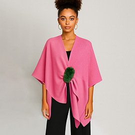 Fur Strap Trim Solid Knit Ruana Poncho