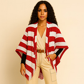 Open Front Striped Fringe Cocoon Shawl Wrap
