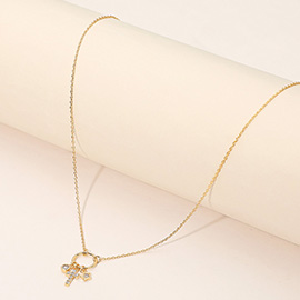 18K Gold Dipped Stone Paved Cross Star Bezel Charm Pendant Necklace