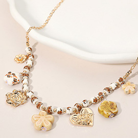 Ceramic Flower Heart Charm Station Floral Beaded Necklace